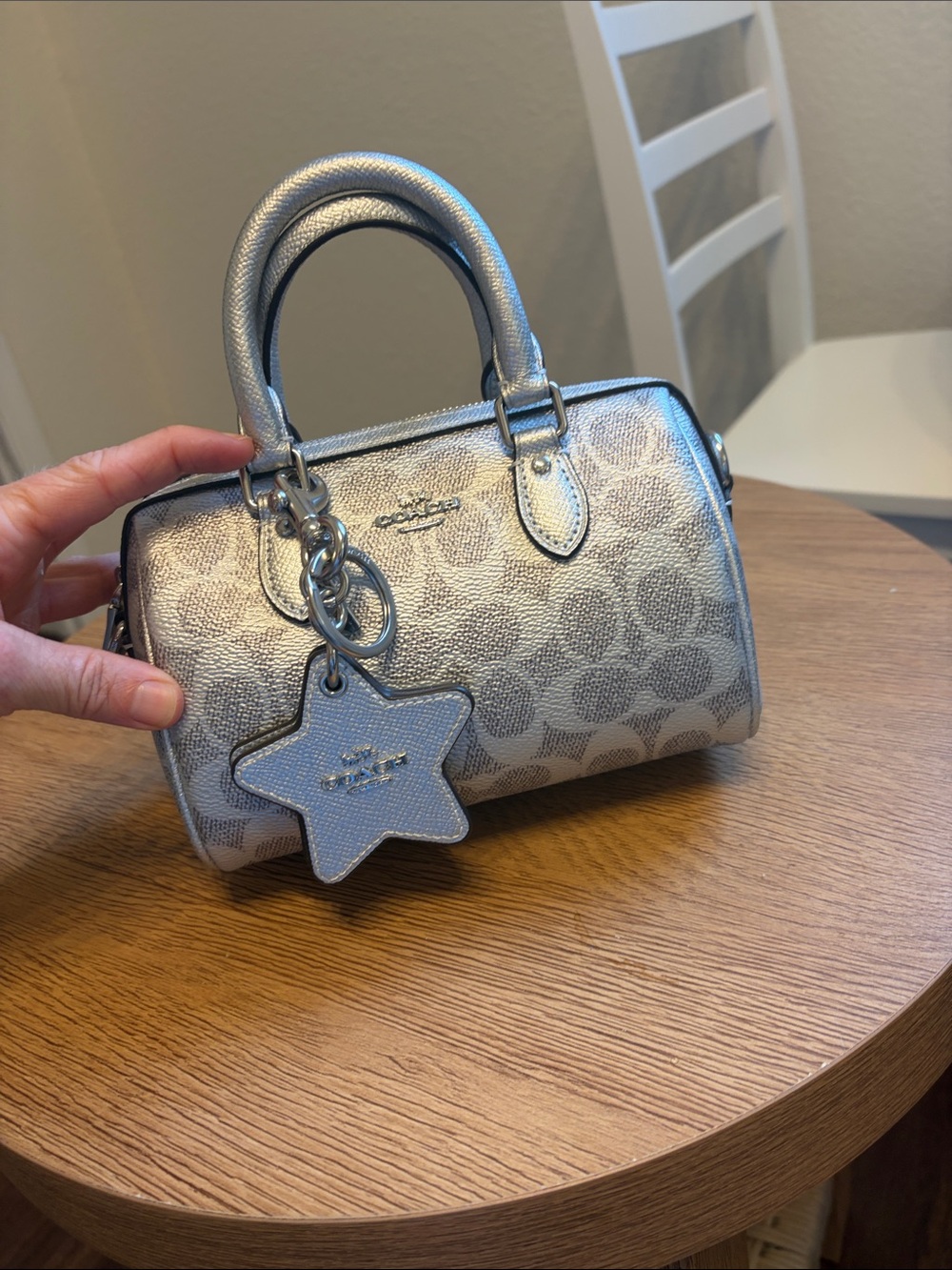 Coach Metallic Silver Signature Mini Satchel with Star Charm